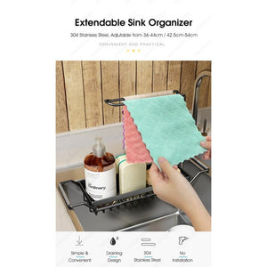 ODOROKU 36-54cm Extendable Sink Organizer Rack Sponge Holder Cloth Holder for Kitchen Sink 304 Stainless Kitchen Sink Organizer, Rust Proof Water Proof, Larger Sink Brush Holder, No Drilling, Black Silver - ODOROKU