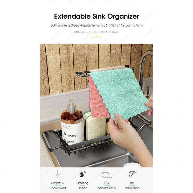 ODOROKU 36-54cm Extendable Sink Organizer Rack Sponge Holder Cloth Holder for Kitchen Sink 304 Stainless Kitchen Sink Organizer, Rust Proof Water Proof, Larger Sink Brush Holder, No Drilling, Black Silver - ODOROKU