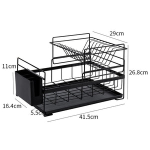 ODOROKU Kitchen 2 Tier Dish Drainer Removable Drying Rack Utensils Holder Water Tray Black White - ODOROKU