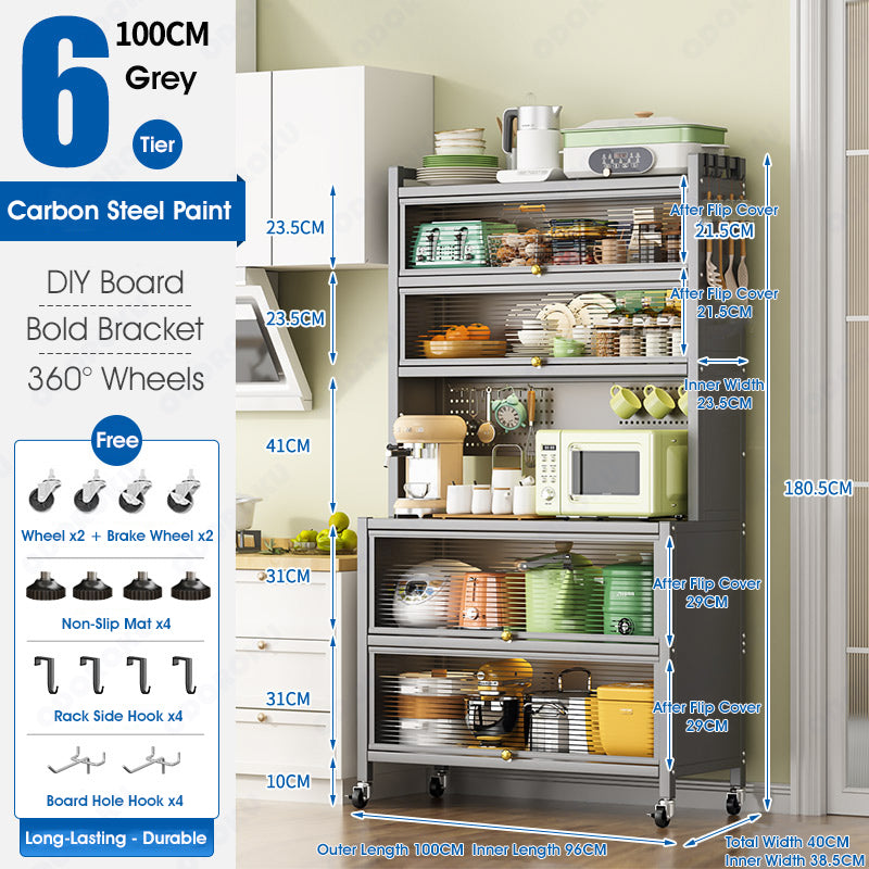 ODOROKU 80/100cm Heavy Duty Bakers Rack with Flip Door Kitchen Rack Microwave Rack with Wheels Kitchen Storage Rack with Wire Holes Kitchen Multi-Tier Rack for Spices Pots and Pans Black White - ODOROKU