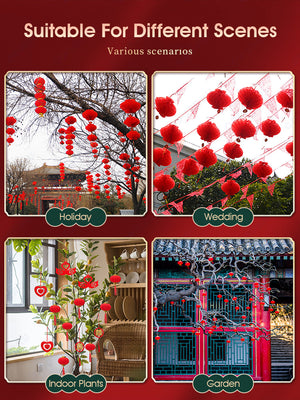 ODOROKU Mini Traditional Chinese Hanging Lanterns Set Decoration Indoor Red Velvet Lamps Chinese New Year Lanterns Mini Lanterns for Tress Plants Lucky Hanging Decorations Chinese New Year - ODOROKU