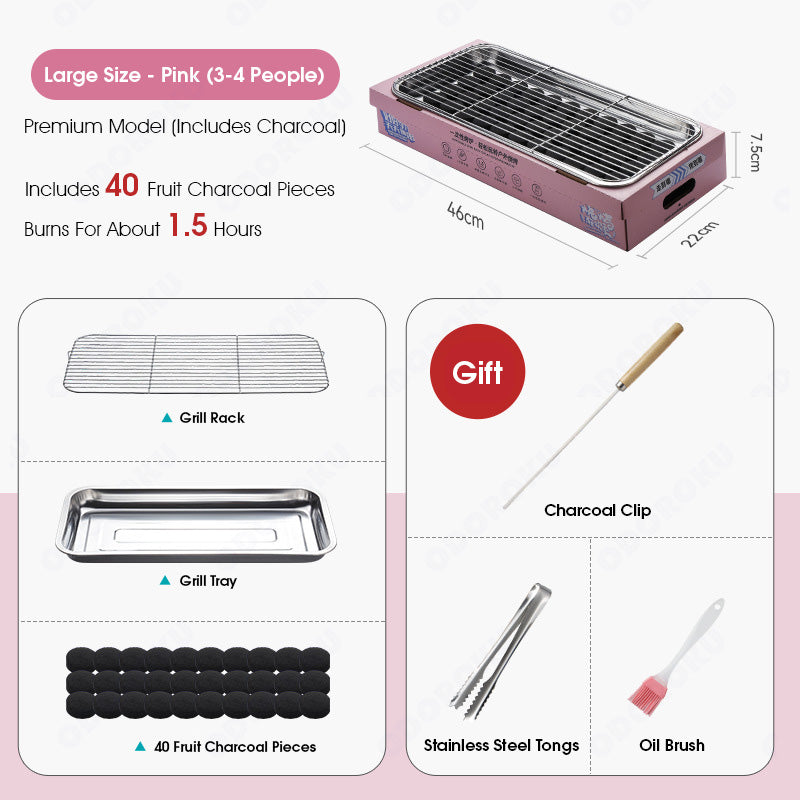 ODOROKU Disposable Stainless Steel Charcoal Grill BBQ Set Mini Compact With Accessories Portable Grills Fast Ignite Charcoal Included Easy Set Up Birthday Party Barbeque Party Outdoor Camping Picnic Travel Cook Satay Marshmallow Sausage Skewers Steak - ODOROKU