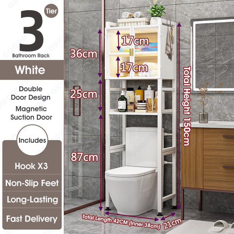 ODOROKU 2/3 Tiers Over The Toilet Storage Cabinet with Magnetic Doors Over Toilet Bathroom Organizer with Barn Doors Above Washing Machine Storage Cabinet Rack Spacesaver Cabinet Behind Toilet Bathroom Organizer - ODOROKU