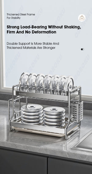 ODOROKU 2/3 Tier 304 Stainless Steel Dish Rack with Utensils Holder and Water Tray Dish Drying Stand Dish Storage Box Dish Bowl Plate Cutlery Drainage Holder Kitchen Shelf Organizer - ODOROKU