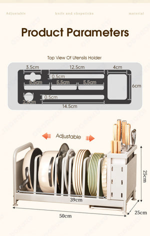 ODOROKU Adjustable Knife Pots Pans & Utensils Holder with Water Tray Pot Rack Organizer Customizable Partition and Adjustable Length Kitchen Storage Rack For Chopping Board Cutlery Knife Pots Pans Black White - ODOROKU