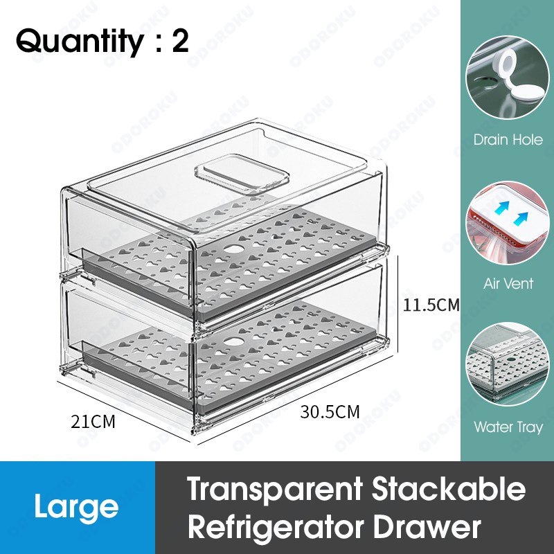 ODOROKU Stackable Refrigerator Drawer Organizer Bins Refrigerator Storage Bins Drawers Stackable Clear Fridge Organizer BPA Free Plastic Storage Drawers - ODOROKU