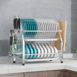 ODOROKU 2 Tier Dish Rack 304 Stainless Steel with Utensil Knife Holder and Cutting Board Holder Dish Drainer - ODOROKU