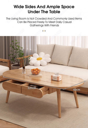 ODOROKU 80/100/120cm Wood Modern Oval Coffee Table with Drawer 1.5cm Thickness Solid Rubber Wooden Coffee Table Scandinavian Nordic Design Round Wooden Center Table Side End Table for Living Room Sturdy Tea Table - ODOROKU