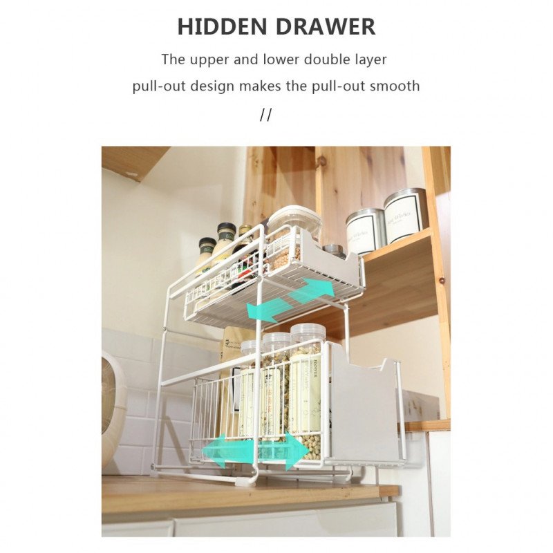 ODOROKU Under Sink Rack 2-Tier Kitchen Cabinet Organizer Rack with Sliding Storage Drawer Stackable Black/ White - ODOROKU