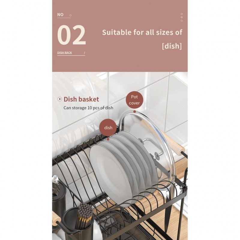 ODOROKU 2 Tier Dish Rack 201 Stainless Steel with Wooden Handle with Utensil Holder and Cutting Board Holder - ODOROKU