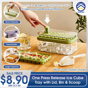 ODOROKU 32/64pcs One Press Release Ice Cube Tray with Lid Bin and Scoop Easy Release Ice Trays for Freezer Large Capacity Ice Tray Holder Whiskey Cocktail Ice Box Ice Jelly Mold Food Grade Quick Release Ice Cubes - ODOROKU