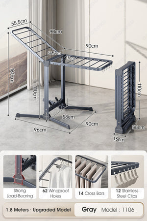 ODOROKU Mega Size Premium Aluminum Foldable Laundry Rack Grey with Windproof Hooks Laundry Drying Rack Collapsible Height Adjustable Wings Clothing Rack Foldable for Indoor Outdoor - ODOROKU