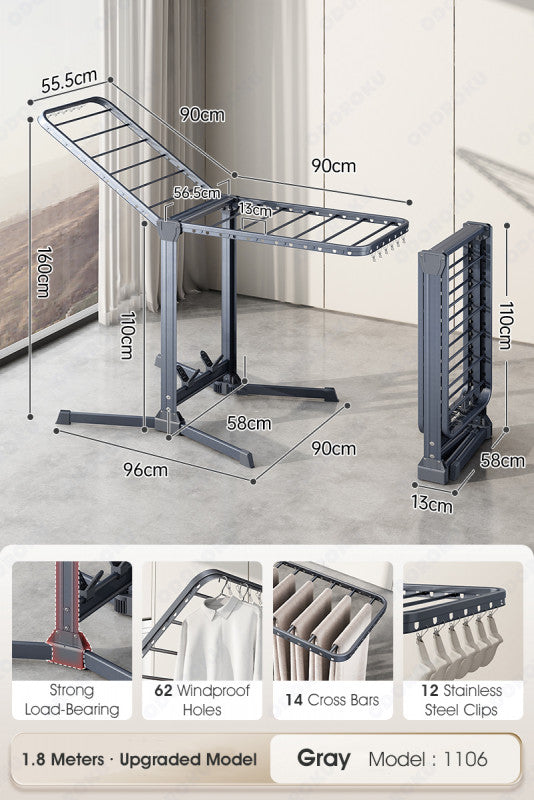 ODOROKU Mega Size Premium Aluminum Foldable Laundry Rack Grey with Windproof Hooks Laundry Drying Rack Collapsible Height Adjustable Wings Clothing Rack Foldable for Indoor Outdoor - ODOROKU