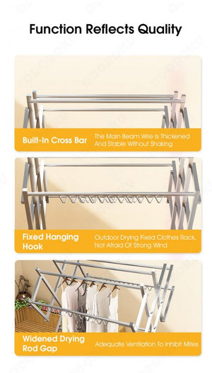 ODOROKU Huge W Shape 1.6m Multi-Bar Stainless Steel Clothes Drying Rack With Wheels Metal Huge Size Heavy Duty Hanging Free Standing Waterproof Rustproof Laundry Bedsheet Quilts Shoes Socks Suitable for Indoor Outdoor Silver - ODOROKU