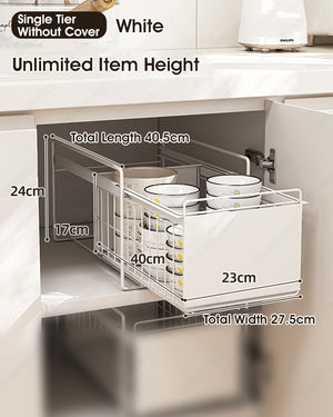 ODOROKU Stackable 2-Tier Under Sink Cabinets Organizer with Sliding Storage Drawer, Pull Out Cabinets Organizer Shelf, Sliding Kitchen Countertop Storage Basket Black White - ODOROKU