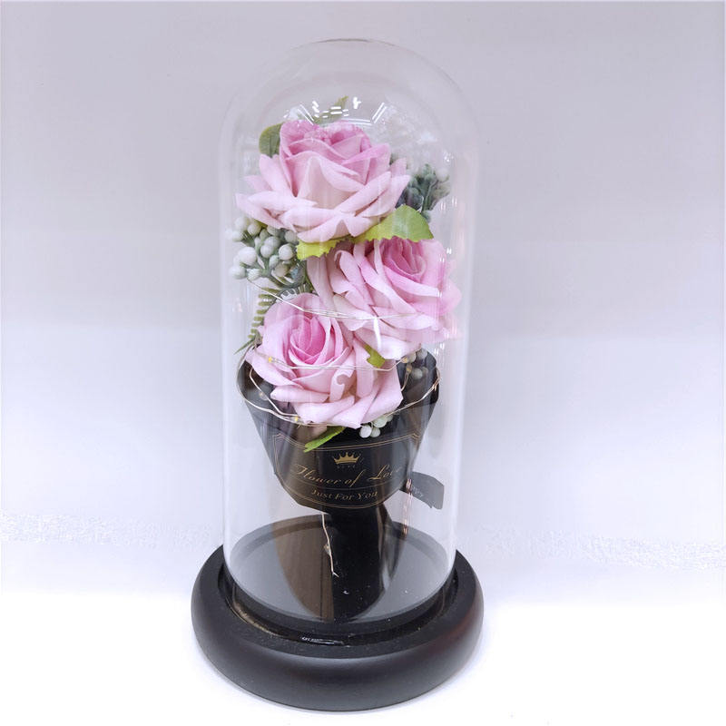 ODOROKU Silk Rose and Led Light with Fallen Petals in Glass Dome on Wooden Base Artificial Rose Rose Kit Rose Glass Dome Valentine's Day Anniversary Birthday Mothers Day Gift - ODOROKU