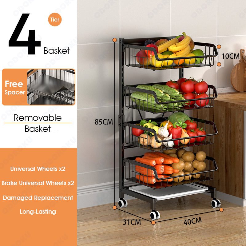 ODOROKU 3/4 Tier Adjustable Height Fruit Vegetable Basket Cart with Wooden Board Stackable Metal Wire Storage Cart for Pantry Organization Rolling Pantry Utility Kitchen Cart - ODOROKU