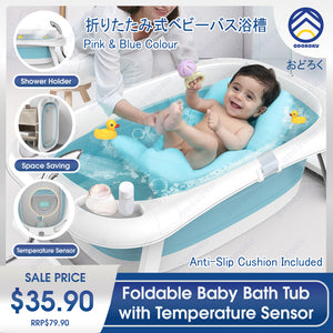 ODOROKU BPA FREE Baby Foldable Bath Tub FREE Anti-Slip Cushion Travel Folding Temperature Sensor Baby Floating Mat Anti Slip New Style Baby Folding Bath Tub Infant Collapsible Portable Shower Basin, Space Saving Plastic Newborn Folding Bath Tub Basin - ODOROKU