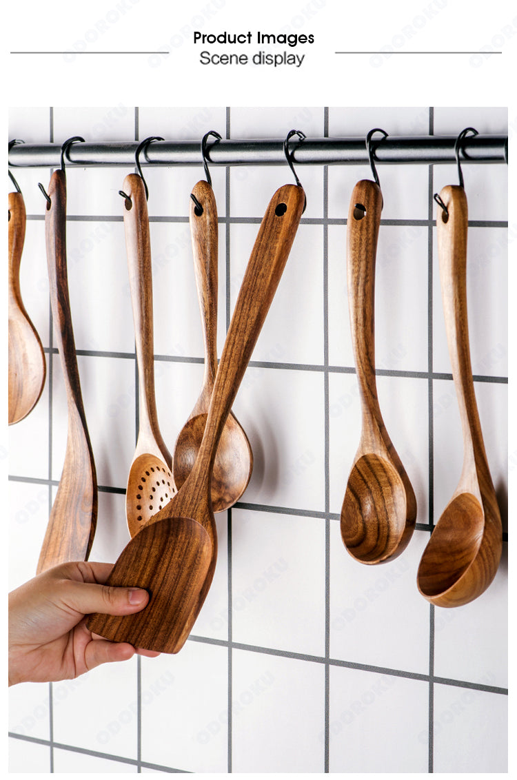 ODOROKU 7pcs Wooden Cooking Utensils Kitchen Utensils Set with Holder & Spoon Rest Teak Wood Spoons and Wooden Spatula for Cooking, Nonstick Natural and Healthy Kitchen Cookware Durable - ODOROKU