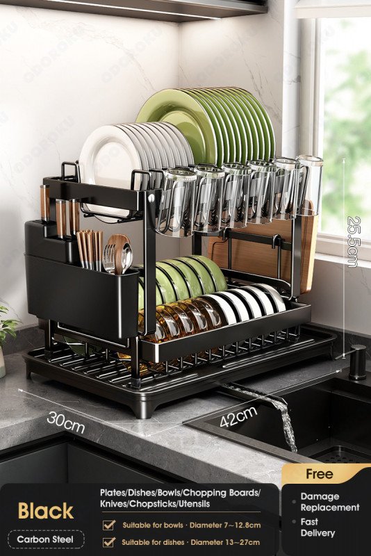 ODOROKU 2 Tier Dish Rack with Drainer Cup Holder Utensils Holder and Water Tray Dish Drying Rack Dish Racks for Kitchen Counter with Drainboard Dish Drainer with Drainage Utensil Holder for Dish/Knifes/Cup/Cutting Board Black White - ODOROKU