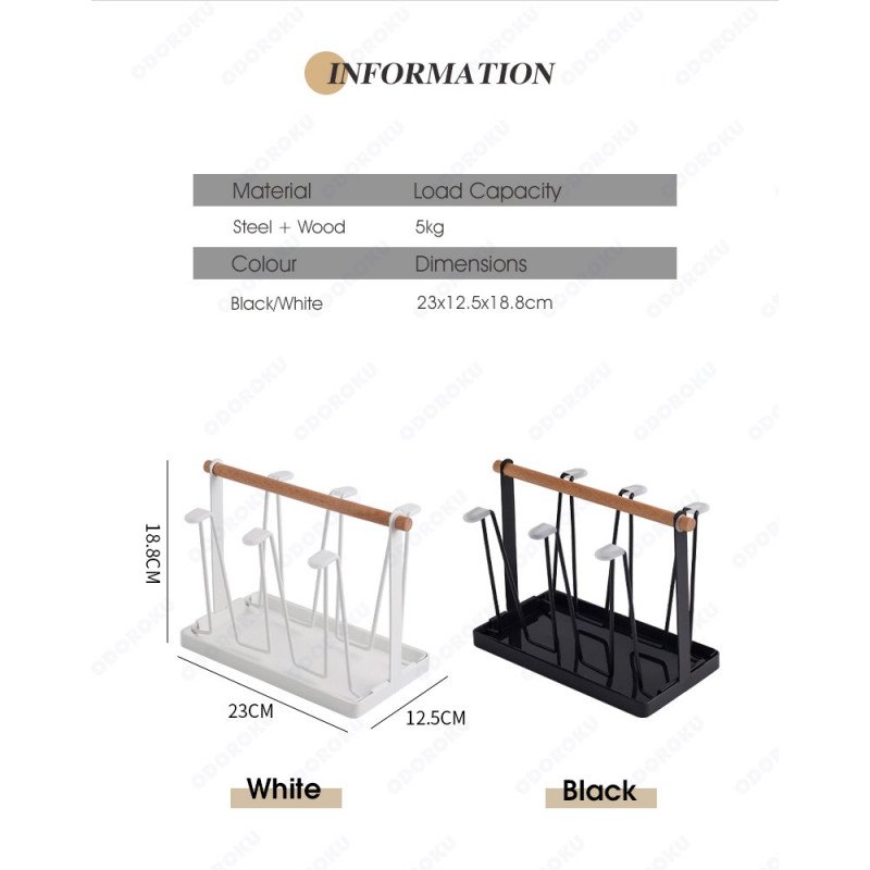 ODOROKU Cup Drying Rack Stand with Drain Tray Beer Glasses Rack 6 Cup Metal Drainer Holder Rack Non-Slip Mugs Cups Organizer with Wood Handle, Black White - ODOROKU