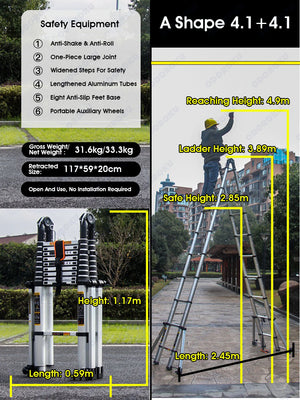 ODOROKU 8 Legs Aluminum Telescopic Ladder Extension Foldable Ladder A Shape or Straight Ladder Multi-Purpose Ladder with Wheels and Base Support, 2000kg Capacity - ODOROKU