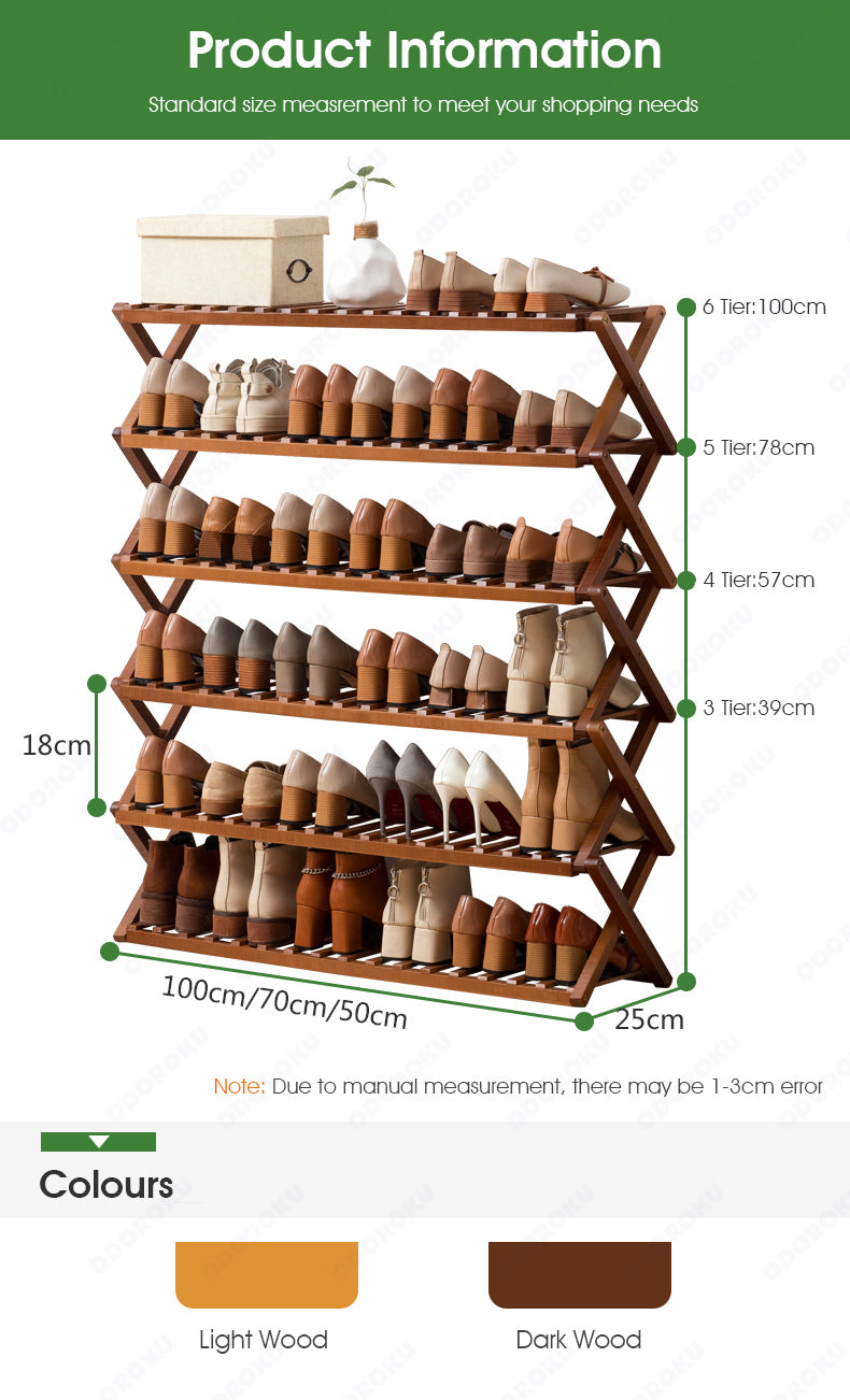 ODOROKU 3/4/5/6 Tier Foldable Bamboo Shoe Rack Free Standing Shoe Shelf Foldable Shoe Rack Installation Free Entryway Storage Organizer for Hallway Bathroom Living Room Bedroom Balcony - ODOROKU