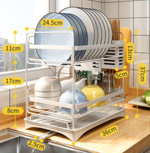 ODOROKU 1/2 Tier Dish Rack 201 Stainless Steel with Drainer and Wooden Handle with Utensil Holder and Cutting Board Holder Dish Drainer with Removable Drain Board for Kitchen Counter Organizer Storage Water Tray (Black/White) - ODOROKU