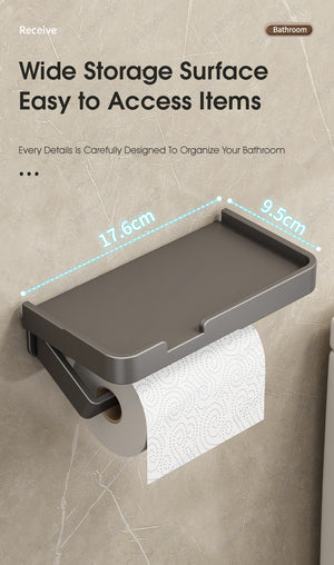 ODOROKU Aluminum Self-Adhesive Mounted Toilet Paper Holder With Phone Shelf Toilet Roll Holders Drill Free Punch Free Rust Free Durable Corrosion Free Bathroom Storage For Phone Toiletries Bathroom Kitchen Office - ODOROKU