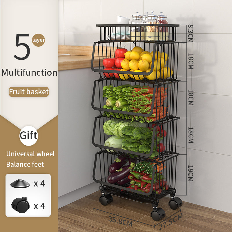 ODOROKU 2/3/4/5 Tiers Kitchen Basket Rack with Wheels & Water Tray Multipurpose Rack Storage Shelf Trolley Cart Shelf Rack Organizer Storage Movable Vegetable And Fruit Basket Space Saving Organizer with Locking Wheels Black - ODOROKU