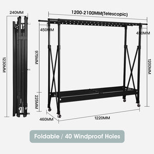 ODOROKU Black Aluminum Foldable Laundry Rack with Wheels Telescopic Rack Extendable Foldable Clothes Heavy Duty - ODOROKU