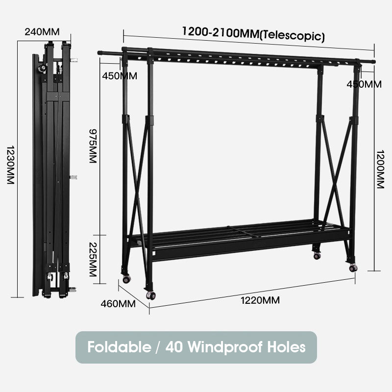 ODOROKU Black Aluminum Foldable Laundry Rack with Wheels Telescopic Rack Extendable Foldable Clothes Heavy Duty - ODOROKU