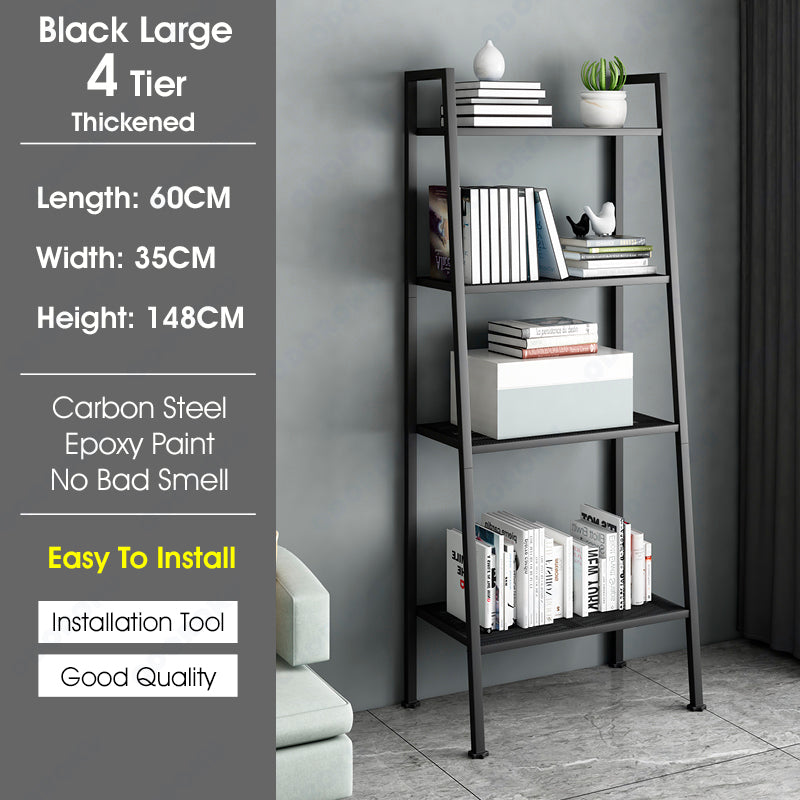 ODOROKU 3/4/5 Tiers Ladder Shelf Bookshelf Freestanding Storage Shelves with Steel Frame Storage Rack Shelf for Office Living Room Kitchen Bedroom Industrial Black White - ODOROKU