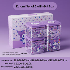 ODOROKU x Ankou Pop-Up Airtight Food Storage Container Combo of 3 Sanrio Collection with Gift Box Stackable Storage Containers for Pantry Organization Kuromi Hello Kitty Cinnamoroll Design 320ml 500ml 1200ml - ODOROKU