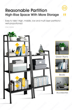 ODOROKU 3/4/5 Tiers Ladder Shelf Bookshelf Freestanding Storage Shelves with Steel Frame Storage Rack Shelf for Office Living Room Kitchen Bedroom Industrial Black White - ODOROKU