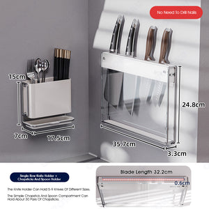 ODOROKU Stylish Transparent Acrylic Narrow Knife Holder Breathable Self-Adhesive Knives Chopstick and Spoon Holder Multi-Function Rack Organizer Slim Large Capacity Nail-Free Installation Wall Mounted With Stainless Steel Drain Pan Kitchen Under Sink - ODOROKU