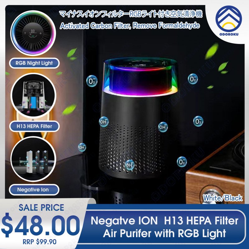 ODOROKU Negative ION H13 Medical HEPA Filter Air Purifier with RGB Light Activated Carbon Filter Remove Formaldehyde Night Light Type C for Home Office PM2.5 Removes 99.9% Dust, Smoke, Odor ,Pollen, Mold, Pets Dander - ODOROKU