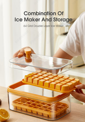 ODOROKU 32/64pcs One Press Release Ice Cube Tray with Lid Bin and Scoop Easy Release Ice Trays for Freezer Large Capacity Ice Tray Holder Whiskey Cocktail Ice Box Ice Jelly Mold Food Grade Quick Release Ice Cubes - ODOROKU