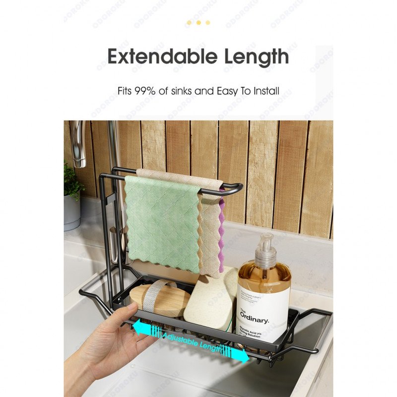 ODOROKU 36-54cm Extendable Sink Organizer Rack Sponge Holder Cloth Holder for Kitchen Sink 304 Stainless Kitchen Sink Organizer, Rust Proof Water Proof, Larger Sink Brush Holder, No Drilling, Black Silver - ODOROKU