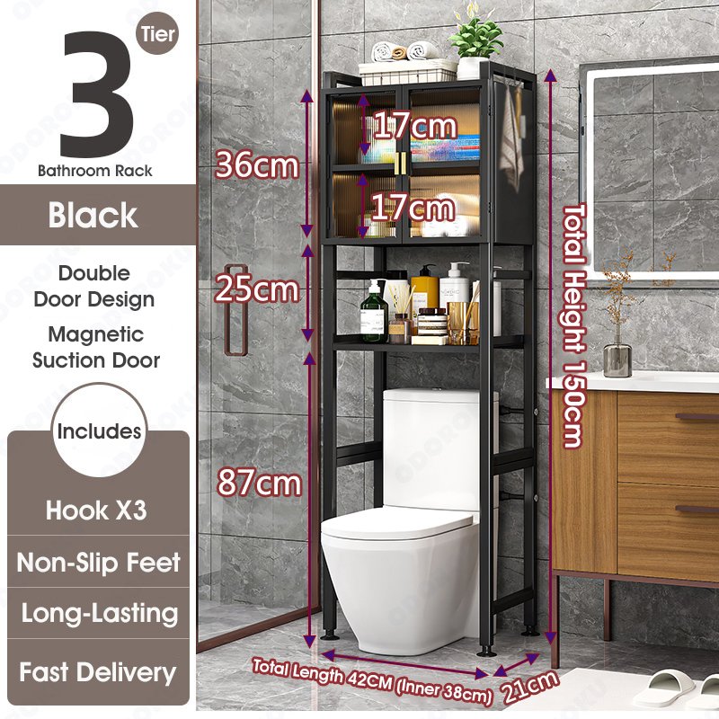 ODOROKU 2/3 Tiers Over The Toilet Storage Cabinet with Magnetic Doors Over Toilet Bathroom Organizer with Barn Doors Above Washing Machine Storage Cabinet Rack Spacesaver Cabinet Behind Toilet Bathroom Organizer - ODOROKU