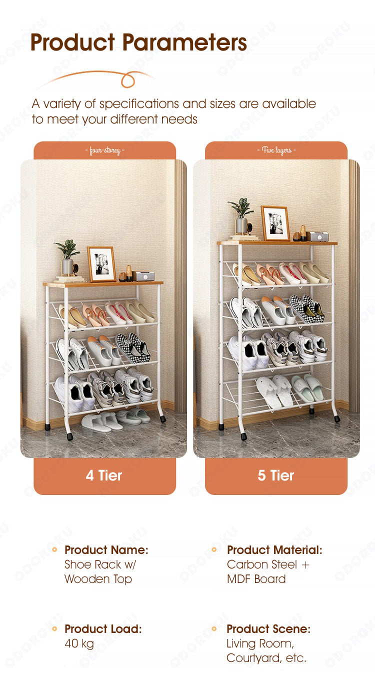 ODOROKU 4/5 Tier Modern Slim Open Storage Shoe Rack with Wooden Top Small Shoe Storage Organizer for Entryway with Storage Shelves Shoe Rack Organizer Black White - ODOROKU