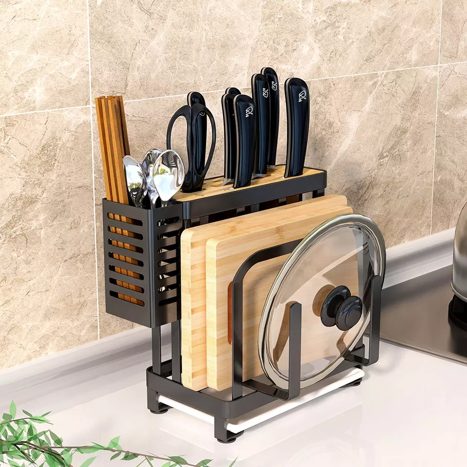 ODOROKU Cutting Board Organizer Holder Knife Block Holder Pot Lid Rack Drying Rack with Draining Tray Kitchen Countertop Cabinet Pantry Bakeware Cookware Storage Stand - ODOROKU