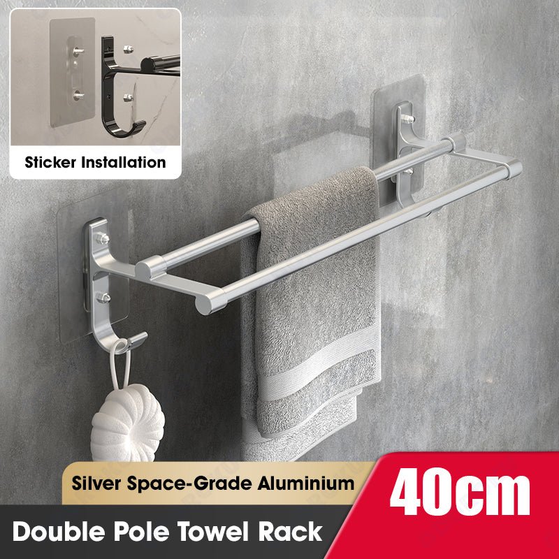 ODOROKU Aluminium Wall Mounted Bathroom Towel Storage Rack with Hook Double Tier Towel Hanger Toilet Bathroom Towel Rack Wall Hanging Black Towel Rack Bathroom Storage Space Saver Nail Free Installation Silver Black - ODOROKU