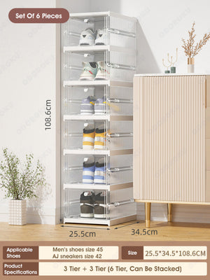 ODOROKU Set of 3/6/9/12 Foldable Shoe Rack Organizer Installation Free Plastic Collapsible Shoes Storage Box Clear Shoe Boxes Stackable with Door Easy Assembly Shoe Cabinet Bins with Lids - ODOROKU