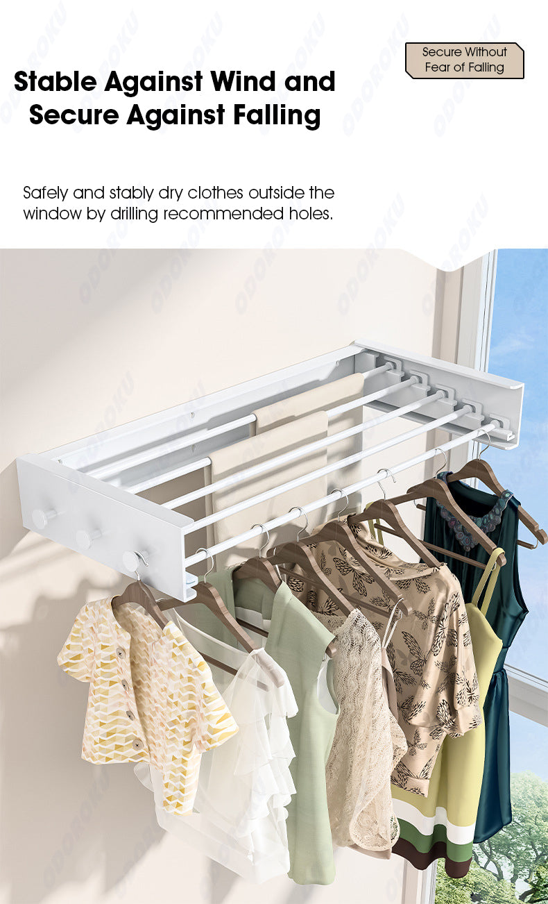 ODOROKU Wall Mounted Collapsible Laundry Clothes Drying Rack with 6 Hooks Aluminum Rods Foldable Design Clothing Wall Mount - ODOROKU