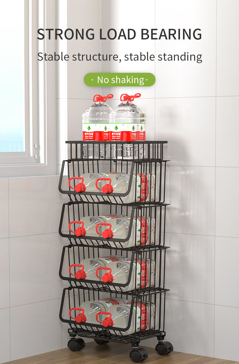 ODOROKU 2/3/4/5 Tiers Kitchen Basket Rack with Wheels & Water Tray Multipurpose Rack Storage Shelf Trolley Cart Shelf Rack Organizer Storage Movable Vegetable And Fruit Basket Space Saving Organizer with Locking Wheels Black - ODOROKU