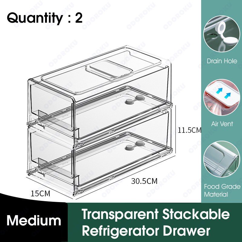 ODOROKU Stackable Refrigerator Drawer Organizer Bins Refrigerator Storage Bins Drawers Stackable Clear Fridge Organizer BPA Free Plastic Storage Drawers - ODOROKU