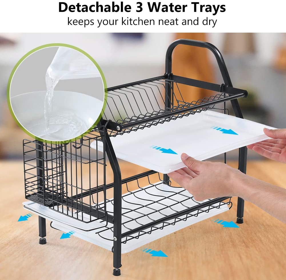 ODOROKU 2 Tier Dish Rack 304 Stainless Steel with Utensil Knife Holder and Cutting Board Holder Dish Drainer - ODOROKU