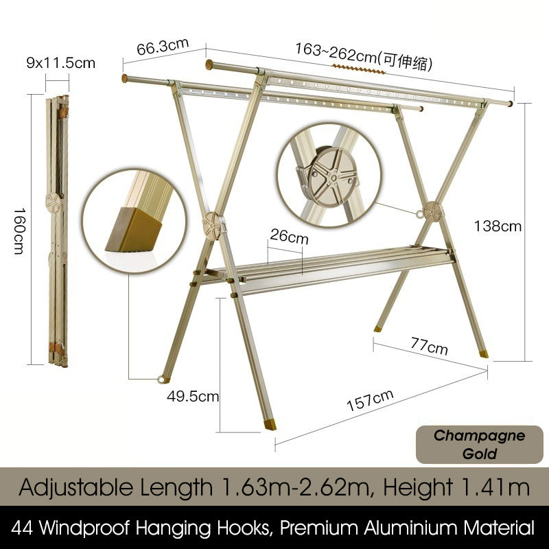 ODOROKU X Shape 2.6m Premium Aluminum Foldable Laundry Rack with Wheels Telescopic Rack Extendable Foldable Clothes Rack Heavy Duty Suitable for Indoor Outdoor Black - ODOROKU