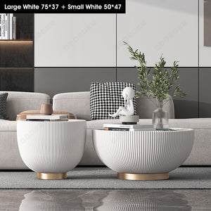 ODOROKU Sintered Stone Coffee Table with Microfiber Leather Set of 2 Set Golden Frame Minimalist Circular and Marble Material Pattern Tables, Living Room Bedroom Apartment Modern Industrial Space Saving - ODOROKU